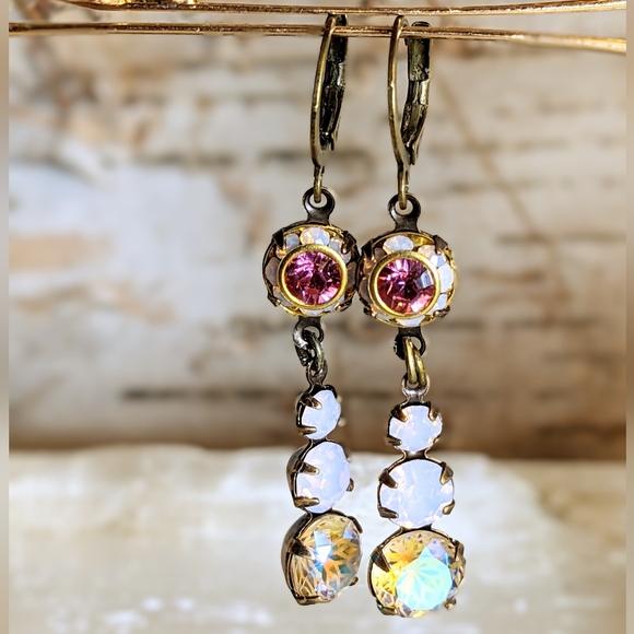 Pink Swarovski Crystal Flower Drop Dangle Earrings In Brass - Picture 2 of 6